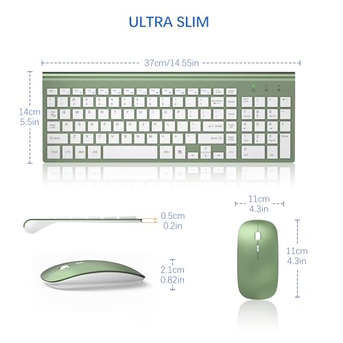 Wireless Keyboard and Mouse Ultra Slim Combo, TopMate 2.4G Silent Compact USB 2400DPI Mouse and Scissor Switch Keyboard Set with Cover, Batteries Included, for PC/Laptop/Windows/Mac - Green White - color: Green White