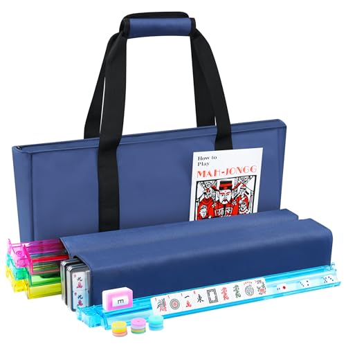 American Mahjong Tile Set Include 166 Tiles 4 All-in-One Mahjong Racks/Pushers with Fabric Carrying Bag Complete Mahjong Game Set (Blue Bag) - color: Blue