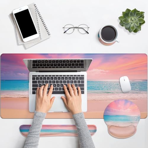 Arttown Keyboard Mouse Pad Set, 4 in 1 Desk Mat Set Beach Ocean Turquoise | Sky Dusk Large Mousepad+Keyboard Wrist Rest+Mouse Wrist Rest+Coaster Ergonomic Design for Home Office Computer - color: Pink Blue Sky