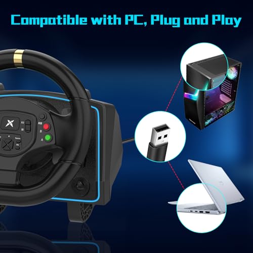 NBCP F10 PC Racing Wheel-1080 Degree Magnetic Induction Gaming Steering Wheel with 6-Speed H-Pattern Shifter and Linear Pedal,Sensitivity Adjustment,Angle Locking,Dual Motor Vibration-Steering Wheel for PC Windows 7/10/11, PS3 Support Euro Truck Simulator