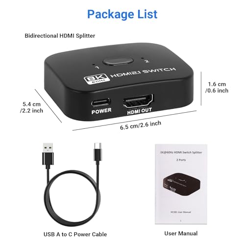 8K HDMI Switch 2 in 1 Out Bi-Directional - HDMI 2.1 Switch Support 4K@120Hz 8K@60Hz for PS5 HDTV Xbox Player Laptop PC - size: 8K60Hz