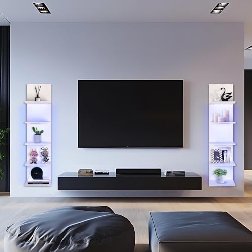 5 Tier Wall Shelf Unit, White, RGB Lack Shelf with Light | Vanity Shelves, For Room, Office, Bathroom, Remote Control - color: 5 Tier Rgb White
