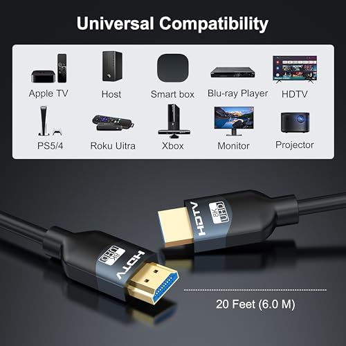 8K HDMI 2.1 Cables 20 FT, 5-Pack, High Speed HDMI ARC/eARC Cable 48Gbps, 8K@60Hz, 4K@144Hz, 1080P@240Hz-HDCP 2.2,3D/HDR for Soundbar, PS5/4, Xbox, Roku, Cinema, TV, Computer, Monitor - size: 20 FT
