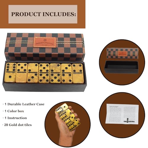 Dominos Set for Adults, Thick Domino, Double 6 Dominoes Set for Adults and Kids, 28 Marbleized Gold Tiles in Brown Leather Case, Travel Domino's Game Set - color: Gold