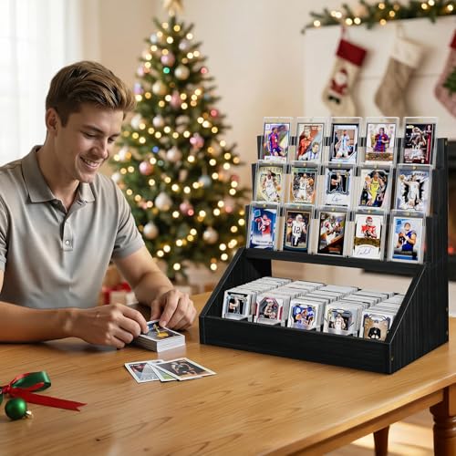 Emfogo Trading Card Display, 3-Tier Card Display Stand with 5-Row Storage, Wooden Graded Card Display with Card Stoppers, Large Capacity Sports Card Display Case for Card Game Collection (Black) - color: Black