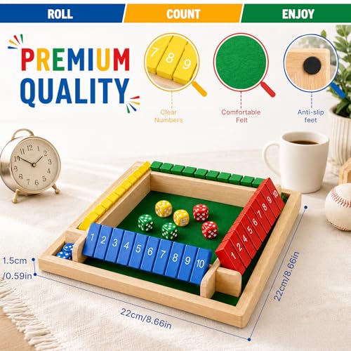 Winzwon Shut The Box Game, Wooden Family Board Game for 2-4 Players | Classic Wooden Dice Game for Kids and Adults, Ideal for Family Game Night, Classrooms, Travel, Camping, Parties and Pubs