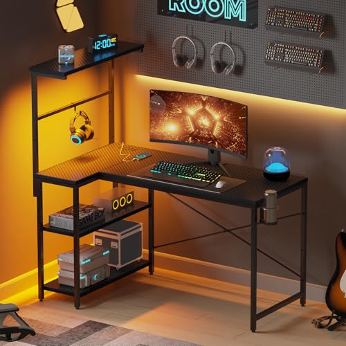 42" L-Shaped Gaming Desk with Power Outlets LED Lights, Black | Reversible Design, LED Lights, 4-Tier Storage Shelves, Headphone Hook, Foldable Cup Holder, Home Office, Small Space - color: Black, size: 42 Inch