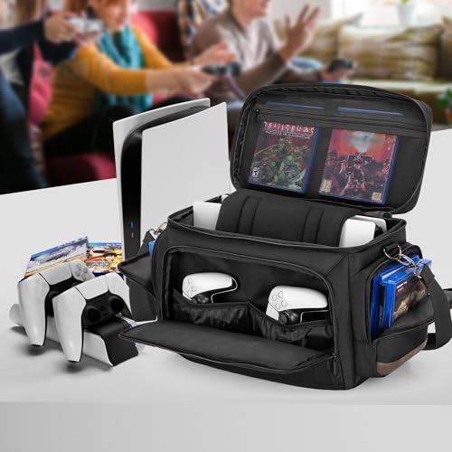 LoDrid Travel Carrying Case Compatible with PS5/PS5 Slim/PS4/PS4 Pro, Black | Protective Gaming Bag with Handle and Shoulder Strap for Console and 15.6" Laptop