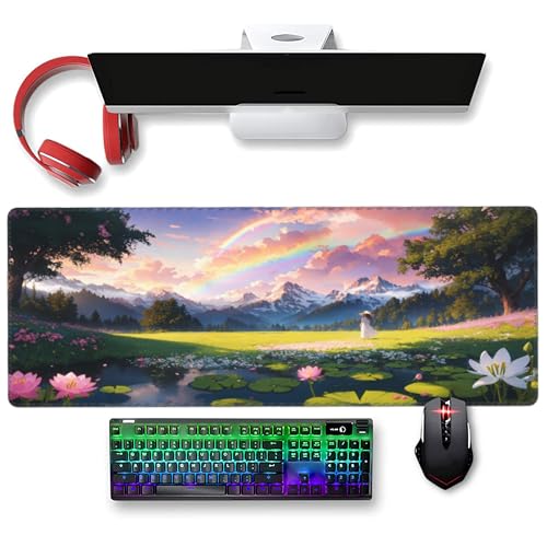 XXL Gaming Mouse Pad 35.4x15.7 inch, Beautiful Lotus Rainbow Landscape Theme Desk Mat, Mountain Flower Elegant Girly Scene Large Mousepad,Fantasy Artistic Keyboard Mouse Mat (Lotus Rainbow) - color: Lotus Rainbow