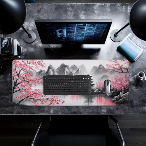 Retro Cherry Blossom Mouse Pad Abstract Big Mouse Pad 31.5x11.8 Inch Retro Texture Non-Slip Rubber Base Large Mousepad Stitched Edges Keyboard Mouse Mat Desk Pad for Office and Home - color: Retro Cherry Blossom