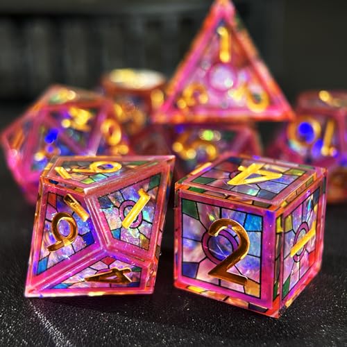 HAOMEJA Double Layered Resin Dice Set 7pcs/ Stained Glass Effect & Gold Numbers/Sharp Edged Polyhedral Dice/Apply to D&D/DND/Role Playing Game/RPG/Party Gift (Purple Sky) - color: 1 Purple Sky
