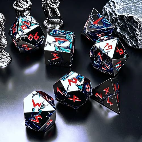 Blue Dragon Metal DND Dice Set, 7 Piece Weighted Polyhedral Dice for Dungeons and Dragons, Heavy Zinc Alloy RPG Dice with Engraved Numbers & Storage Gift Case for Pathfinder MTG Role Playing Games - color: Black Red