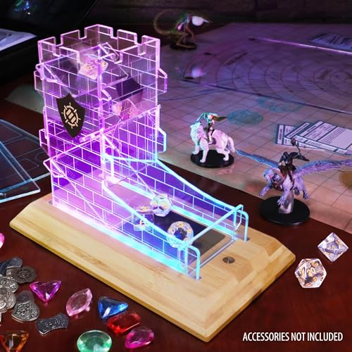 ENHANCE Tabletop LED Dice Tower with 7pc Dice Set for RPG Games - Clear Gaming Set, LED Lit Rolling Tray with Bamboo Base and Castle Tower Design, Roll Up to 14 at Once - Great for Game Night