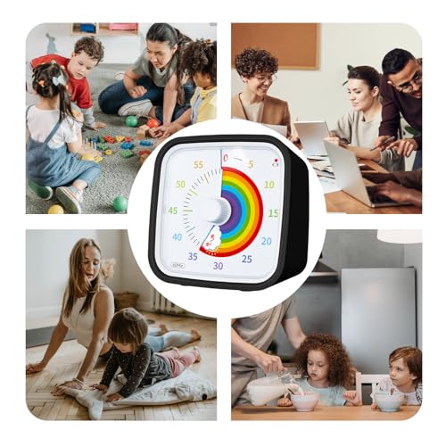 Rainbow Visual Timer for Kids, 60-min Countdown Timer, Black | Protective Case, No Ticking, Mute and Ringing Alarm Available, Time Management Tool, Low Power Reminder, for Study,Game,Work - color: Black Rainbow