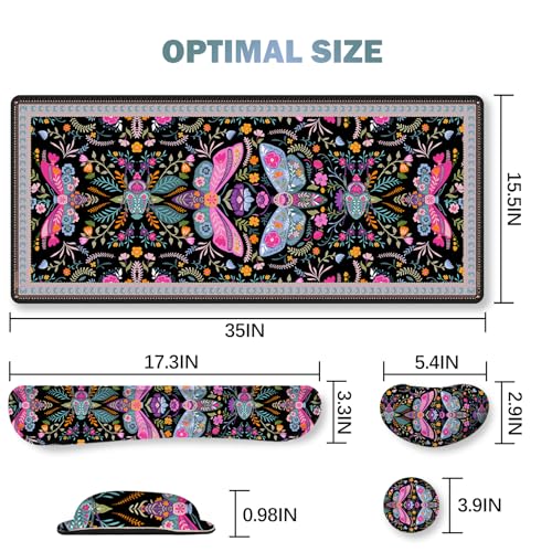 ARTSO Black Desk Mat Set, Extended Gaming Mouse Pad with Wrist Rest Support +Keyboard Wrist Rest +Coaster, Large Cute Butterfly Mousepad, Colorful Butterfly - color: Colorful Butterfly
