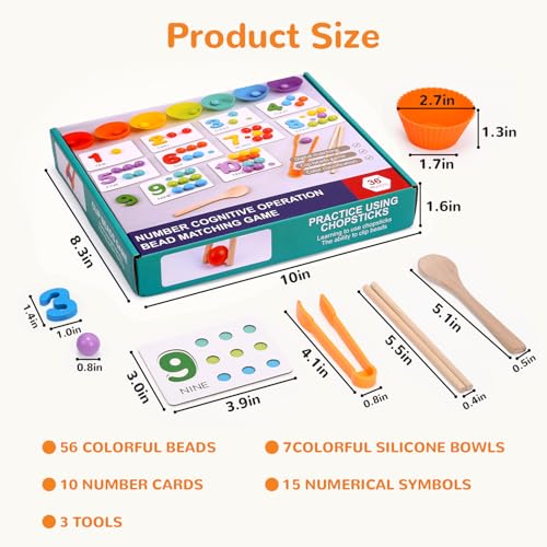 Wooden Peg Board Bead Game, Montessori Arithmetic Math Toy Set | beads, chopsticks & spoons, children's preschool fine motor toys for 3 4 5 years old