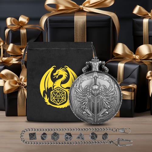Mini DND Dice Set with Steampunk Paladin Pocket Watch Shell Case, DND Starter Set, 7pcs Polyhedral Mini Metal Dice Set, DND Gifts with Gift Bag, Role Playing Board Game Accessories, Silver - color: Dark Silver