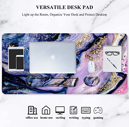 Large Mouse Pad with Wrist Rest, 4-in-1 Wrist Rest for Keyboard and Mouse | Non-Slip Waterproof Desk Mat Set, 35.4"x15.7" Desk Mat+Keyboard Wrist Rest+Mouse Wrist Support+Cup Coaster for Home Office - color: 4Pcs-Purple Marble
