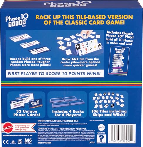 Mattel Games Phase 10 Tiles Game, Quick Family Rummy-Type Play with 32 Cards Featuring Unique Phases and Two Ways to Play, for 2-6 Players - style: Phase 10 Tiles