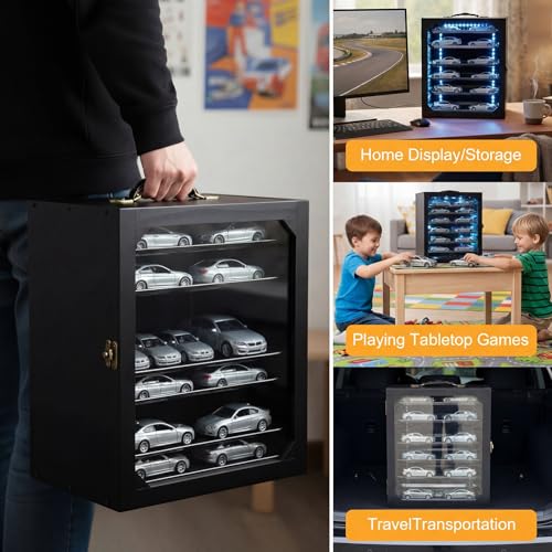 AceOrbit Miniature Storage Carrying Case for Collectibles with LED Light Strip, 6 Trays and Lock Wooden Miniatures Display Case Transport Shelves with Handle for Action Figure Model Collectibles Black