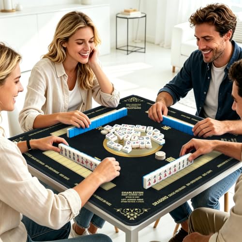 Black Mahjong Mat for Table with Rules, 31.5" x 31.5" Noise Reduction Non Slip Waterproof Mah Jong Table Mat with Carrying Bag, Suitable for Mahjong, Poker, Board Games, Dominoes, and Card Games - color: Black