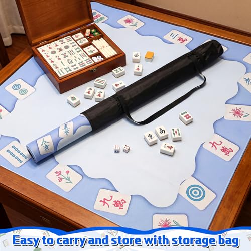 Blue Mahjong Mat with Drawstring Bag 31.5” x 31.5” Anti Slip Noise Reduction Mahjong Mat for Table Gaming Table Cover for Poker, Board Games and Card Games