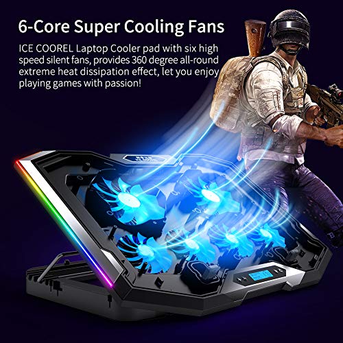 ICE COOREL Gaming Laptop Cooling Pad 15-17.3 Inch, Laptop Fan with 6 RGB Cooling Fans, Laptop Cooling Stand with 6 Height Adjustable, Laptop Cooler with LCD Screen, 2 USB Ports, Phone Stand - size: 6 Fans