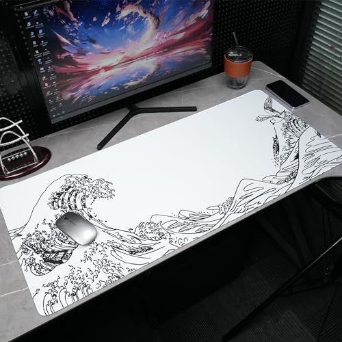 Large Gaming Mouse Pad for Desk,Kanagawa XXL Mouse Pad 35.4x15.7 Inch,Waterproof Desk Pad,Non-Slip Rubber Base Mice Pad,Keyboard Pad Computer Mat,White Mouse pad - color: Kanagawa(white)