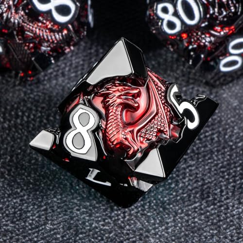 Roycevon Relief Dragon DND Dice Set for Role Playing Game, 7Pcs Metal D&D Dice Set Dungeons Dragons with Gift Box, Polyhedral D and D Dice D20 D12 D10 D8 D6 D4, Red and White - color: Red and White