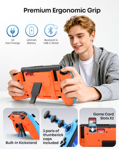 OIVO VGA DESIGN Switch Controller Handheld for 1/2/OLED, Ergonomic Grip Stretch Joypad for SW Console, Wireless Controller with TMR Joysticks, RGB Lighting, Turbo, 4 Macros & Card Slot - color: Blue & Orange