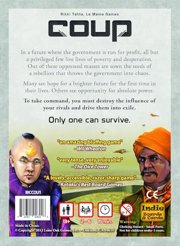 Coup Card Game by Indie Boards & Cards | Fast Bluffing and Social Deduction Strategy | Hidden Roles, Deception, and Player Interaction | Quick 15-Minute Game for 2–6 Players | Adults, Teens, Families - style: Coup (Base Game)