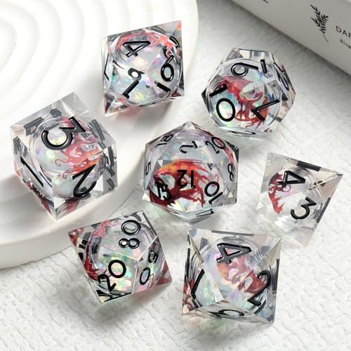 Red Dragon DNDND Sharp Dice with Black Numbers | Liquid Core 7-Piece D&D Dice Set | Dragon Themed Metal Case | Ideal RPG Gift - color: Liquid Dragon