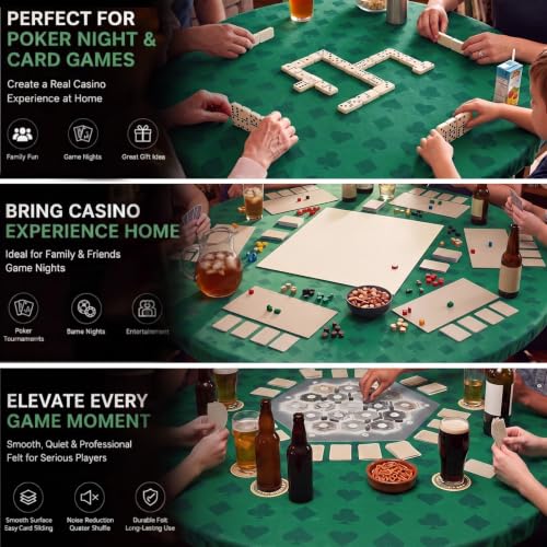 Mixweer Round Poker Table Cover, Fitted Felt Card Table Cover with Elastic Fits 36-48 Inch Round Tables, Casino Style Green Tablecloth for Poker, Blackjack, Bridge, Mahjong, Domino Game Nights