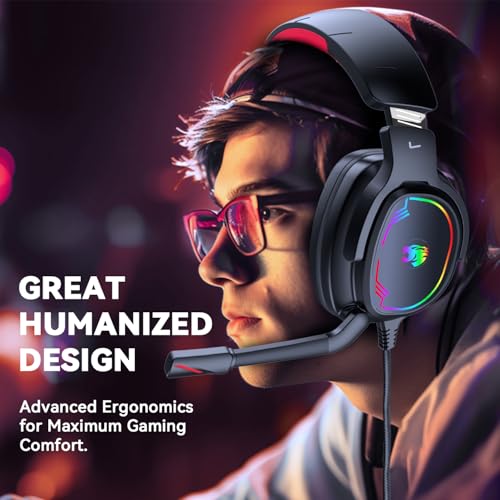 Jimonyer Gaming Headset with Microphone, 7.1 Surround Sound and Noise Canceling Over Ear Headphones for PC, PS4, PS5,Xbox Series,Switch, RGB Light and Soft Imitation Protein Earmuffs (Red) - color: Red