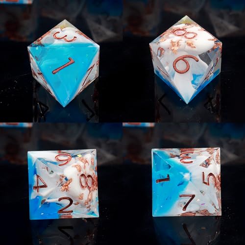 Haxtec Ocean Landscape DND Dice Set Sharp Edge Resin Polyhedral Dice, Sea D&D Dice with Metal Case, Handmade Gold Flake Inside Dice Set for Dungeons and Dragons TTRPG, Blue White Copper DND Gift - color: Blue White