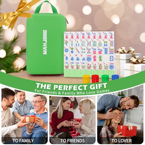 Jolitac American Mahjong Tile Set with 166 Tiles, 1.2-Inch Tiles & Accessories, Mahjong Gift Set with 3 Blue Dice and Mahjong Tile Bag, Portable Travel Game for Adults, Family Night, Gift (No Rack) - color: Green