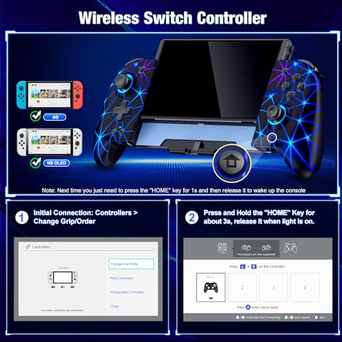Spican Switch Controllers for Nintendo Switch/Switch OLED, Hall Effect Switch Wireless Pro Controller One-Piece Joypad, Full-Size Handheld Mode Gamepad with RGB Lights/Battery/Turbo/Macro/4 Game Slot - color: Black-Stellar Grid, size: 6.2"/7"