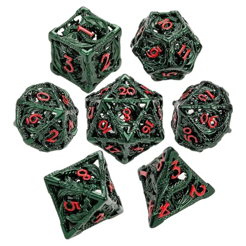 MoKo Dragon Hollow Metal DND Dice Set, Green+Red | 7 Pcs Polyhedral, D20 D12 D10 D8 D6 D4, For Dungeons and Dragons RPG Games, With Gift Box - color: 4 - Dark Green+red