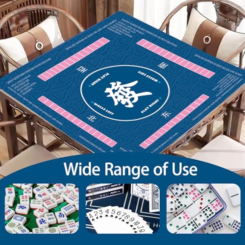 Mahjong Mat for Table Anti Slip Noise Reduction Table Cover for Poker, Card, Board & Tile Games 31.5 x 31.5 Inches (Blue) with 3 Dice & Carrying Bag (Mat Only)
