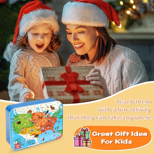 LELEMON Puzzles for Kids Ages 4-6,Animal Map 100 Piece Puzzles for Kids Ages 4-8 in a Metal Box, Educational Jigsaw Puzzles 100 Piece Puzzle Games Puzzle Toys for Girls and Boys - color: Animal Map