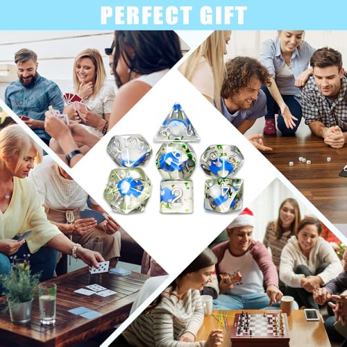 DND Dice Set, 7 Polyhedral Dice with Mushroom Design Inside, D20 Gaming Dice for Dungeons and Dragons, Clear Blue