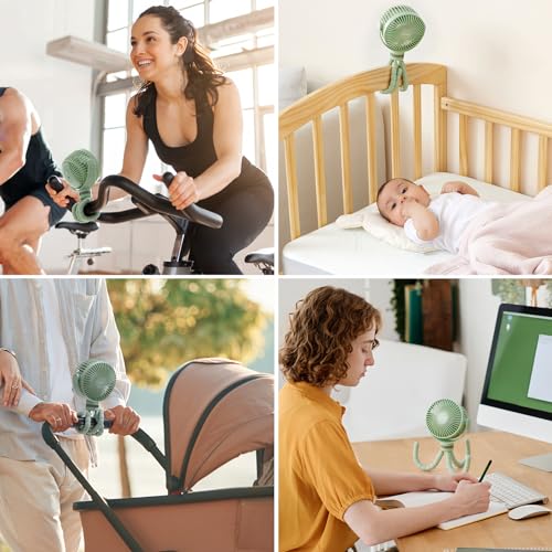 Momcozy 8000mAh Portable Stroller Fan, 27H Ultra-long Battery Life Detachable 4 Speed 360°Rotate LED Night Light with 2 Modes, USB Rechargeable Handheld Cooling Fan for Travel/Car Seat/Bedroom - color: Green