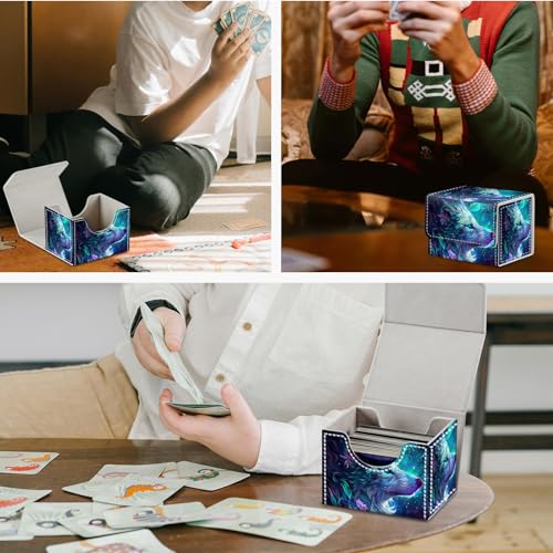 Magnetic Closure TCG Deck Box Portable Card Holder Trading Card Deck Box | PU Leather Collectible Card Case Game Trading Card Deck Box Storage Scratch Resistant Lining, Blue And Purple Glowing Wolf - color: Blue And Purple Glowing Wolf