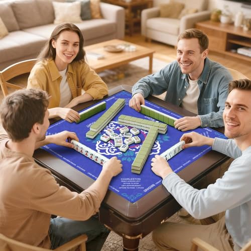 Blue Mahjong Mat with Rules, 31.5*31.5in Anti Slip American Mahjong Mat for Table, Noise Reduction, Neoprene Mah jongg Mats with Carrying Bag & 3 Dices, Mahjong Supplies Gift, Board Tile Games Mats - color: Blue04