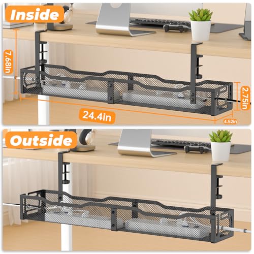 Under Desk Cable Management Tray, No Drill Steel Desk Cable Organizers, Wire Management Tray Cable Management Rack (24.4" Length-Black) - color: 1 Pack-24.4"-Black