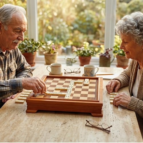 GSE Games & Sports Expert Wooden 7-in-1 Chess, Checkers, Backgammon, Dominoes, Cribbage Board, Playing Card & Poker Dice Game Combo Set (Deluxe)