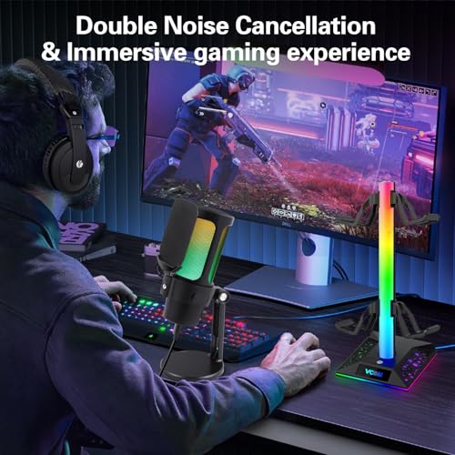 VCOM Gaming USB Microphone, Condenser Dynamic Mic for Podcasting, Streaming, with Quick Mute, Desktop Stand, Pop Filter, RGB Indicator, Shock Mount, Rotate gain Button, Compatible with PS4/5/PC