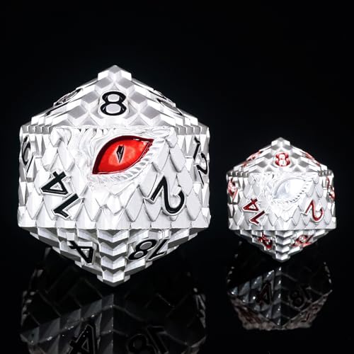 1 die Metal D20 DND Dice - Dragon Scale Metallic 20 Sided Giant Polyhedral Dice,35mm Large Dragon Eye Metal D&D Dice for Dungeons and Dragon Tabletop Game(White Dragon Scale) - color: White Dragon Scale