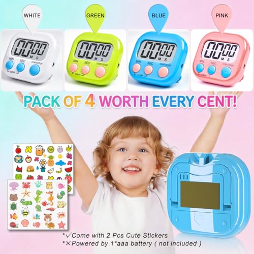 Antonki 4 Pack Digital Timer for Kids, Kitchen Timer for Cooking, Classroom, Study, Exercise with Countdown/Up Mode - Loud Alarm, Large Display - AAA Battery Operated (Not Included)