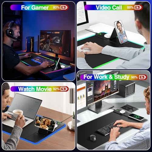 RGB Gaming Mouse Pad with Magnetic Wireless Charging & Foldable Phone Stand | 31.5"x15.8" XXL Large LED Mousepad with Stitched Edges, Ultra-Smooth Waterproof Surface, 25 Lighting Effects, Non-Slip Base - color: RGB-Magnetic Stand-31.5"x15.8"-Right